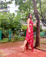 Load image into Gallery viewer, RED FLORAL PRINTED HALTER NECK TOP CO-ORD WITH SKIRT
