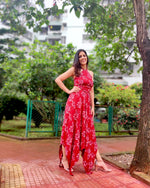 Load image into Gallery viewer, RED FLORAL PRINTED HALTER NECK TOP CO-ORD WITH SKIRT
