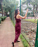 Load image into Gallery viewer, MAROON WRAP AROUND WITH CROSSOVER STRAP JUMPSUIT
