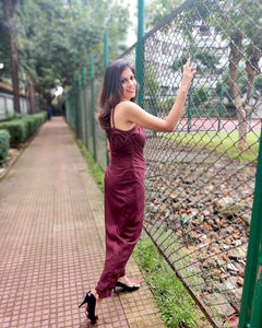MAROON WRAP AROUND WITH CROSSOVER STRAP JUMPSUIT