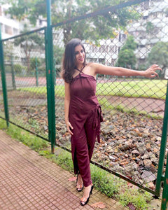 MAROON WRAP AROUND WITH CROSSOVER STRAP JUMPSUIT