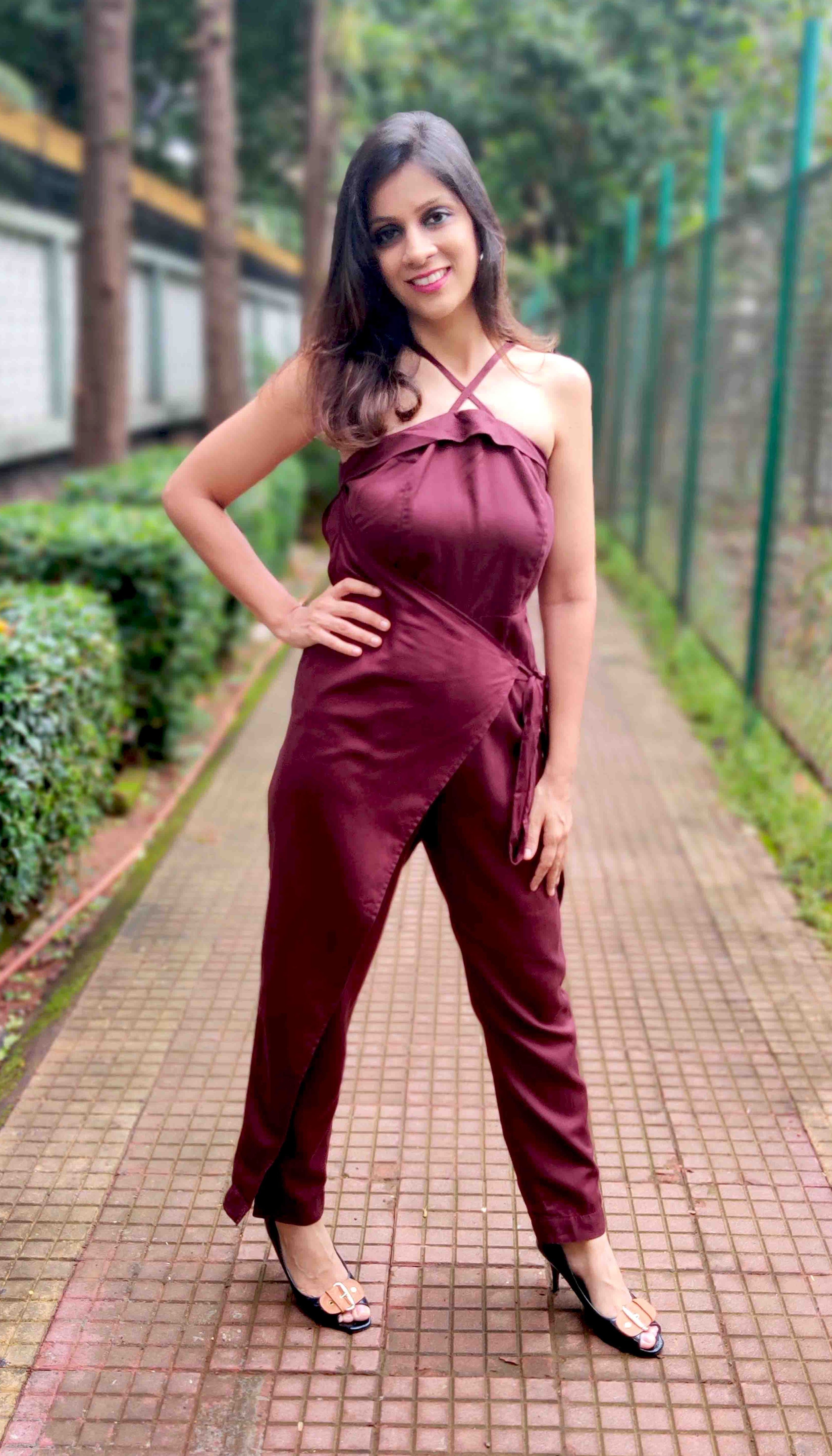 MAROON WRAP AROUND WITH CROSSOVER STRAP JUMPSUIT