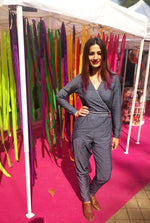 Load image into Gallery viewer, BLUE CROSSOVER V-NECKLINE PEGGED JUMPSUIT

