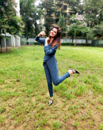 Load image into Gallery viewer, DARK TEAL CROSSOVER V-NECKLINE PEGGED JUMPSUIT
