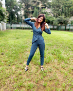 Load image into Gallery viewer, DARK TEAL CROSSOVER V-NECKLINE PEGGED JUMPSUIT
