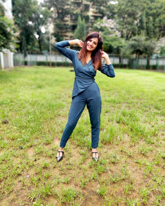 DARK TEAL CROSSOVER V-NECKLINE PEGGED JUMPSUIT