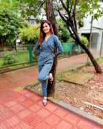 Load image into Gallery viewer, DARK TEAL CROSSOVER V-NECKLINE PEGGED JUMPSUIT
