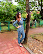 Load image into Gallery viewer, DARK TEAL CROSSOVER V-NECKLINE PEGGED JUMPSUIT
