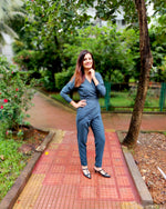 Load image into Gallery viewer, DARK TEAL CROSSOVER V-NECKLINE PEGGED JUMPSUIT

