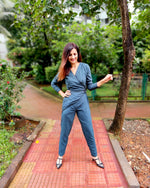 Load image into Gallery viewer, DARK TEAL CROSSOVER V-NECKLINE PEGGED JUMPSUIT
