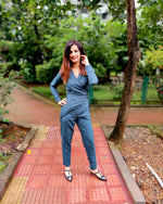Load image into Gallery viewer, DARK TEAL CROSSOVER V-NECKLINE PEGGED JUMPSUIT
