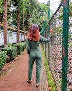 Load image into Gallery viewer, MOSS GREEN CROSSOVER V-NECKLINE PEGGED JUMPSUIT
