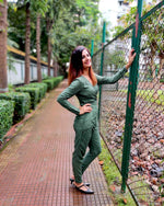 Load image into Gallery viewer, MOSS GREEN CROSSOVER V-NECKLINE PEGGED JUMPSUIT

