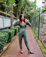 Load image into Gallery viewer, MOSS GREEN CROSSOVER V-NECKLINE PEGGED JUMPSUIT
