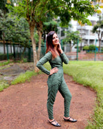 Load image into Gallery viewer, MOSS GREEN CROSSOVER V-NECKLINE PEGGED JUMPSUIT
