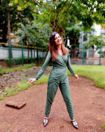 Load image into Gallery viewer, MOSS GREEN CROSSOVER V-NECKLINE PEGGED JUMPSUIT
