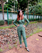 Load image into Gallery viewer, MOSS GREEN CROSSOVER V-NECKLINE PEGGED JUMPSUIT
